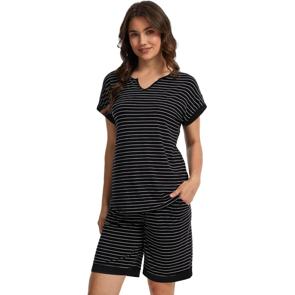 imageGYS Bamboo Viscose Womens Pajama Sets 2 Piece Soft Short Sleeve Shirt and Bermuda Shorts Pajamas Set Lounge SetsBlack Stripe