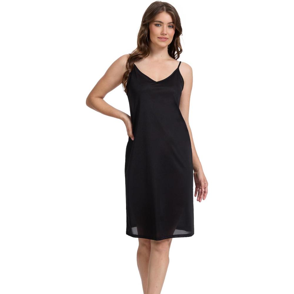 imageGYS Full Slip for Women Under Dress Non Cling AntiStatic Adjustable Spaghetti Strap Basic Cami Slip DressBlackKneelength