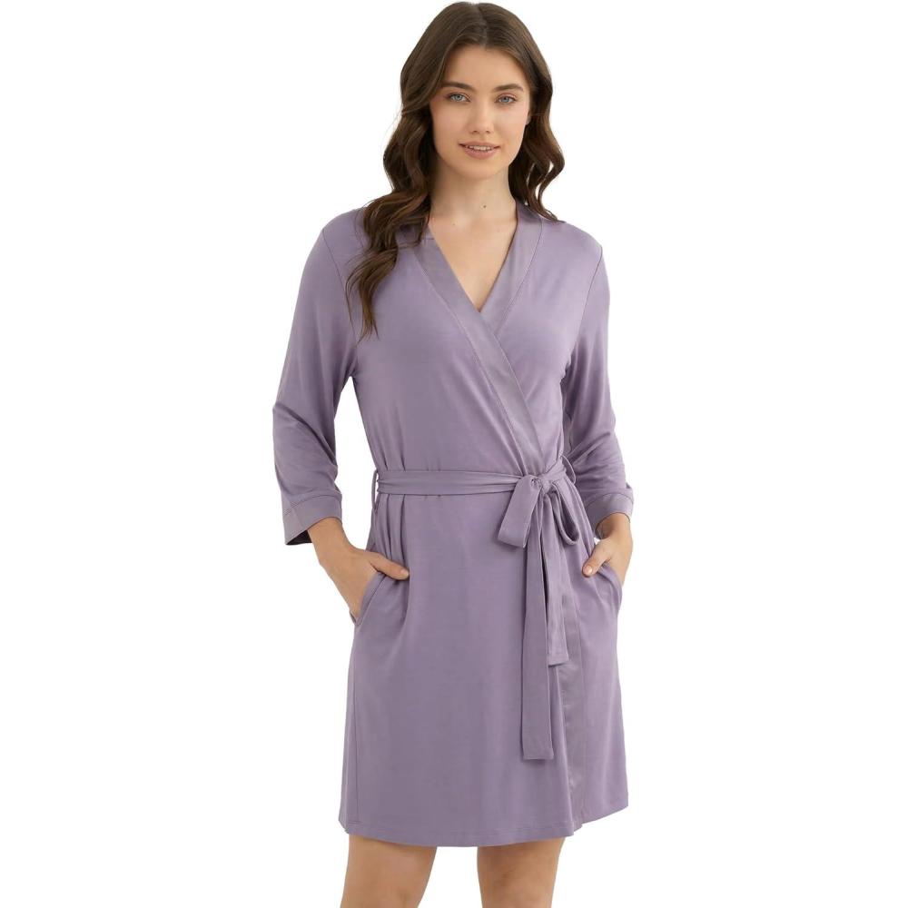 imageGYS Womens Bamboo Viscose Kimono Robes Soft Knit Bathrobe with Pockets and Fixed Waist Belt for Spa Hotel amp HomeViolet