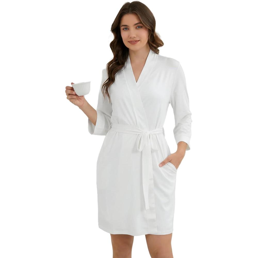 imageGYS Womens Bamboo Viscose Kimono Robes Soft Knit Bathrobe with Pockets and Fixed Waist Belt for Spa Hotel amp HomeWhite