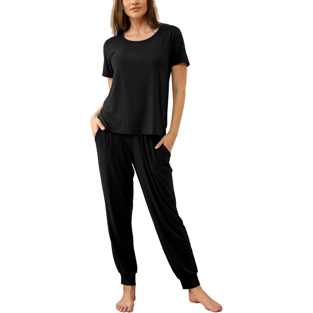 imageGYS Womens Cooling Bamboo Viscose Pajamas Set Summer Short Sleeve PJs Sets MoistureWicking Sleepwear for Night SweatsBlack