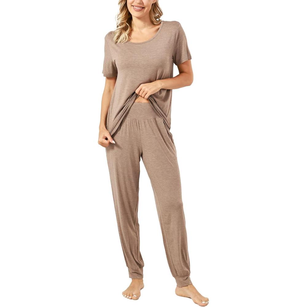 imageGYS Womens Cooling Bamboo Viscose Pajamas Set Summer Short Sleeve PJs Sets MoistureWicking Sleepwear for Night SweatsCamel
