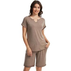 GYS Bamboo Viscose Womens Pajama Sets 2 Piece, Soft Short Sleeve Shirt and Bermuda Shorts Pajamas Set Lounge Sets(Camel)