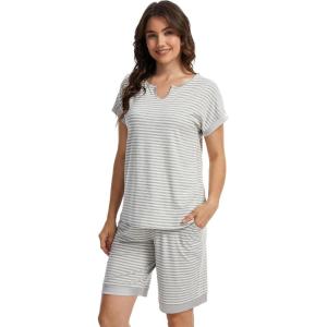 GYS Bamboo Viscose Womens Pajama Sets 2 Piece, Soft Short Sleeve Shirt and Bermuda Shorts Pajamas Set Lounge Sets(Grey Stripe)