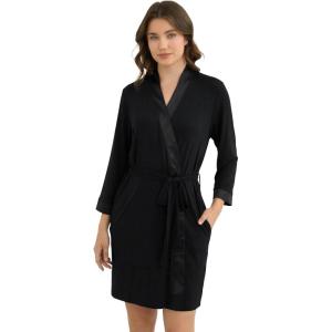 GYS Women’s Bamboo Viscose Kimono Robes Soft Knit Bathrobe with Pockets and Fixed Waist Belt for Spa, Hotel & Home(Black)