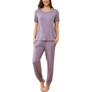 GYS Womens Cooling Bamboo Viscose Pajamas Set Summer Short Sleeve PJs Sets Moisture-Wicking Sleepwear for Night Sweats(Violet)