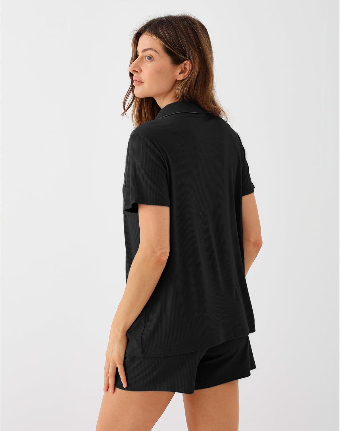 imageGYS Womens Pajama Set Bamboo Viscose Short Sleeve Button Down 2 Piece Sleep SetsBlack