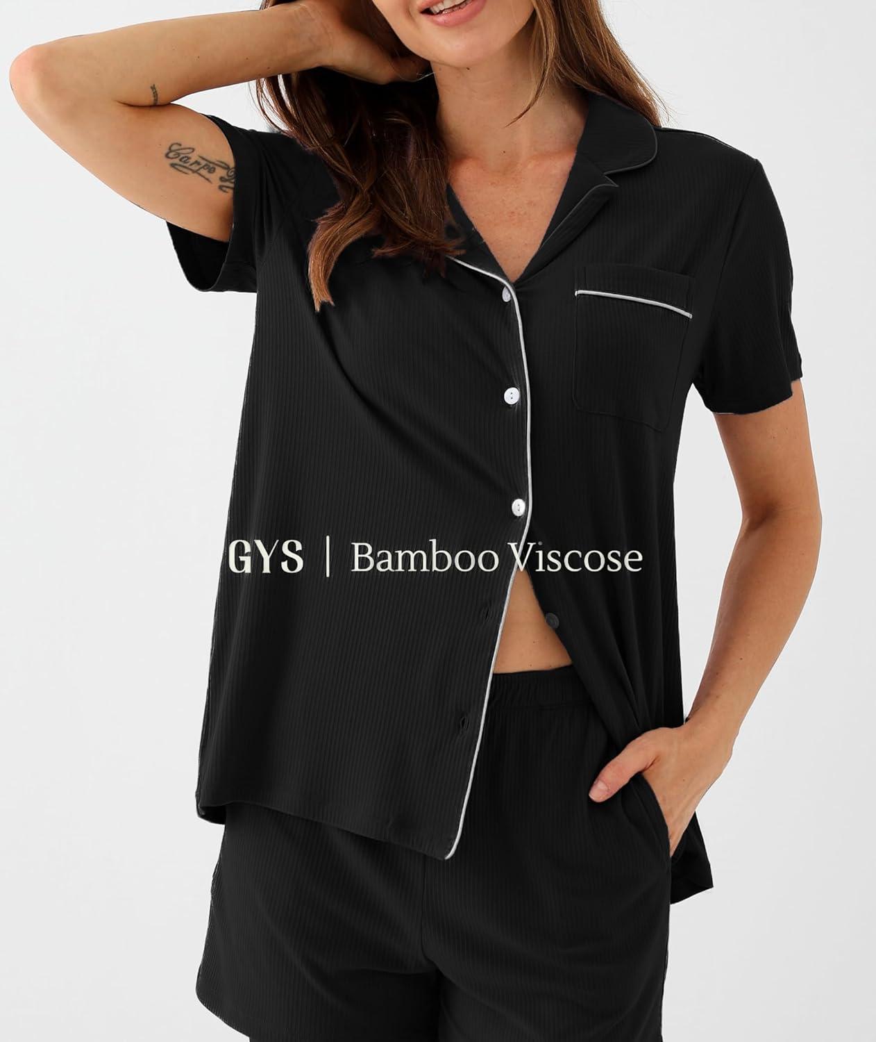 imageGYS Womens Pajama Set Bamboo Viscose Short Sleeve Button Down 2 Piece Sleep SetsBlack