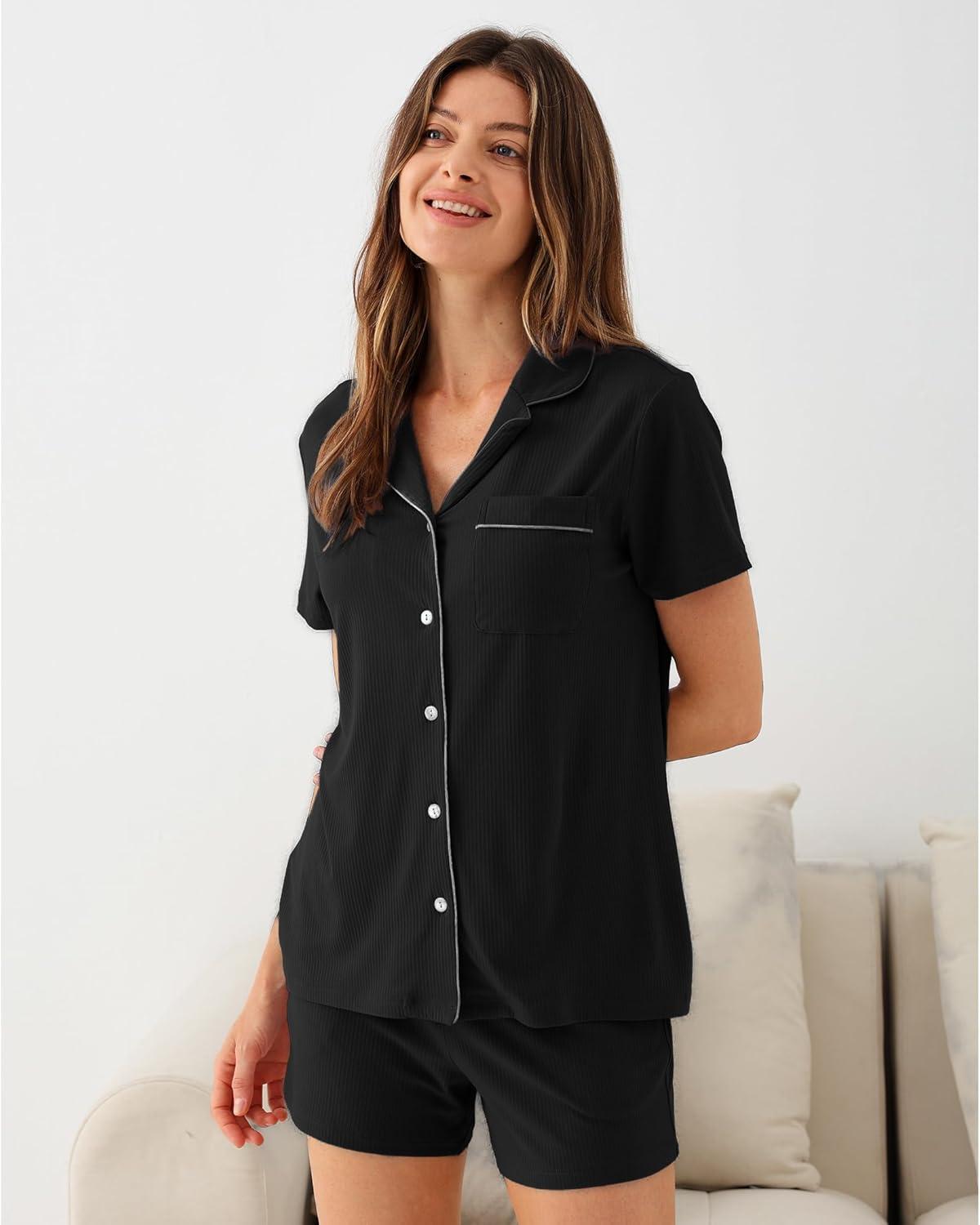imageGYS Womens Pajama Set Bamboo Viscose Short Sleeve Button Down 2 Piece Sleep SetsBlack