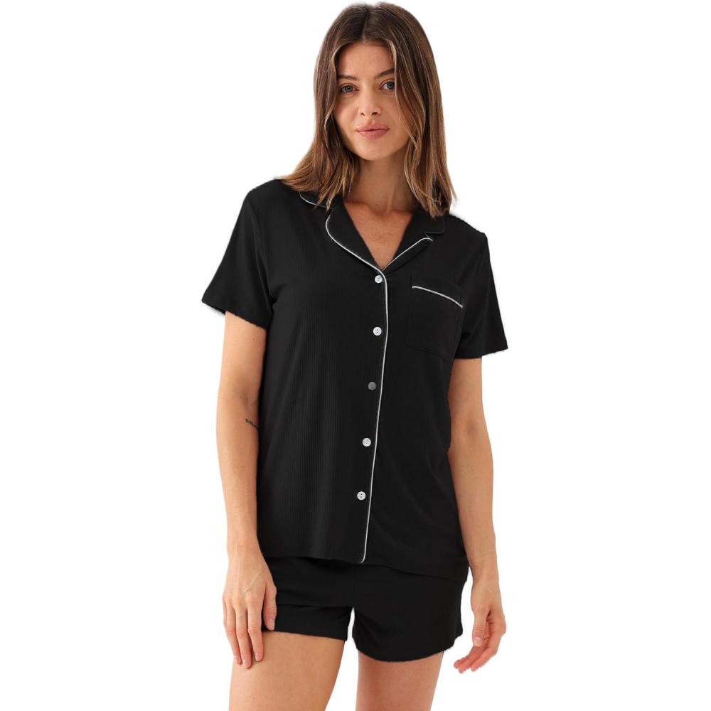 imageGYS Womens Pajama Set Bamboo Viscose Short Sleeve Button Down 2 Piece Sleep SetsBlack