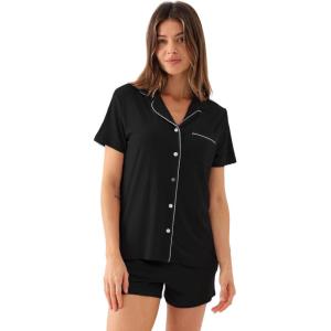 GYS Women’s Pajama Set Bamboo Viscose Short Sleeve Button Down 2 Piece Sleep Sets(Black)