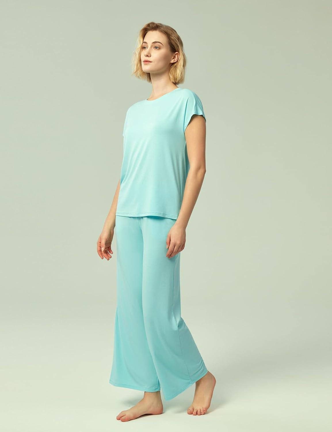 imageGYS Womens Bamboo Viscose Pajama Sets Cooling Short Sleeve Sleepwear for Hot Sleepers Super Soft Summer Matching PjsAqua