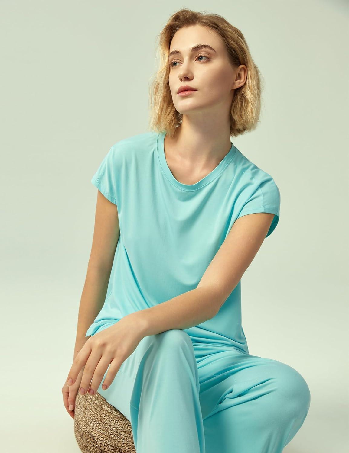 imageGYS Womens Bamboo Viscose Pajama Sets Cooling Short Sleeve Sleepwear for Hot Sleepers Super Soft Summer Matching PjsAqua