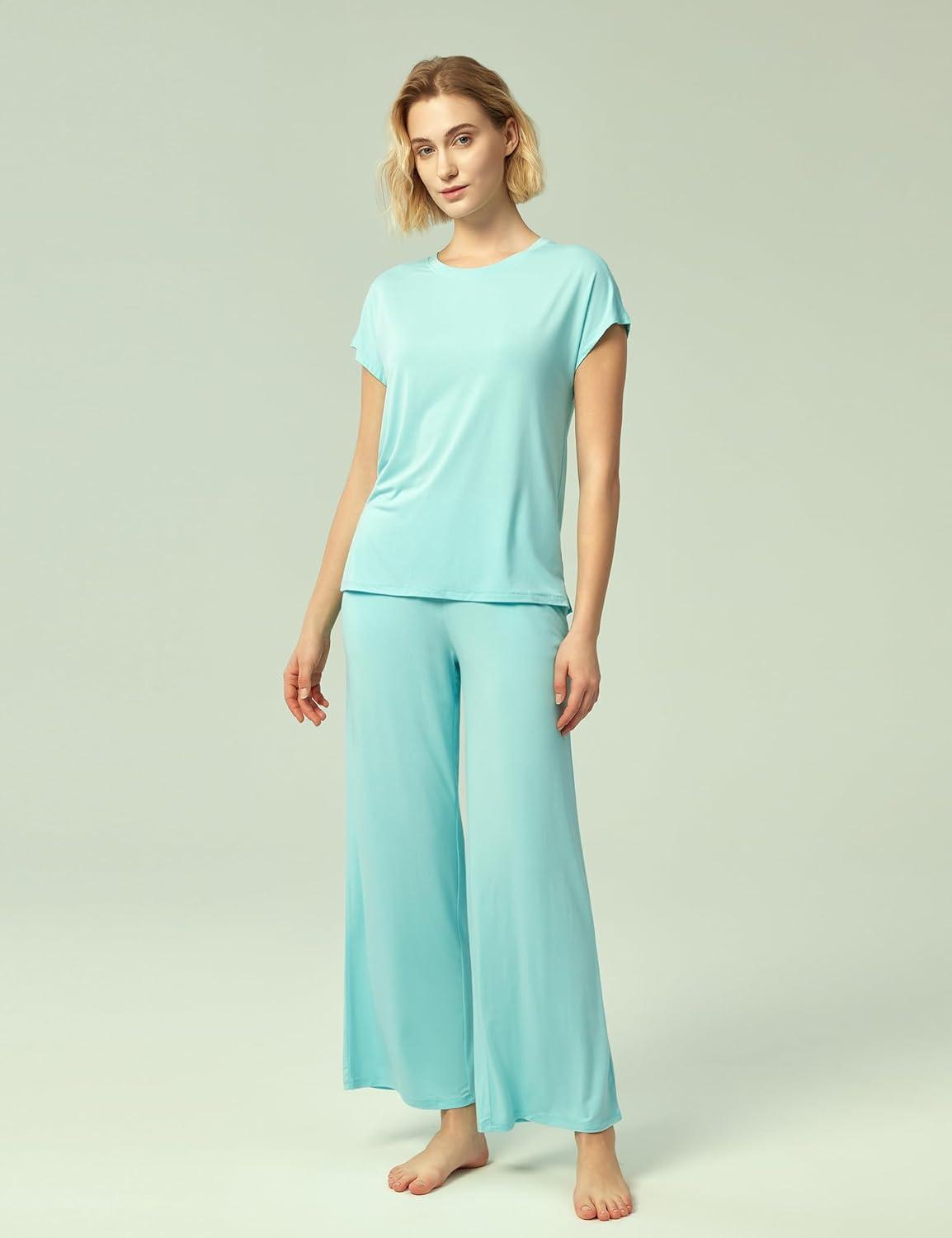 imageGYS Womens Bamboo Viscose Pajama Sets Cooling Short Sleeve Sleepwear for Hot Sleepers Super Soft Summer Matching PjsAqua