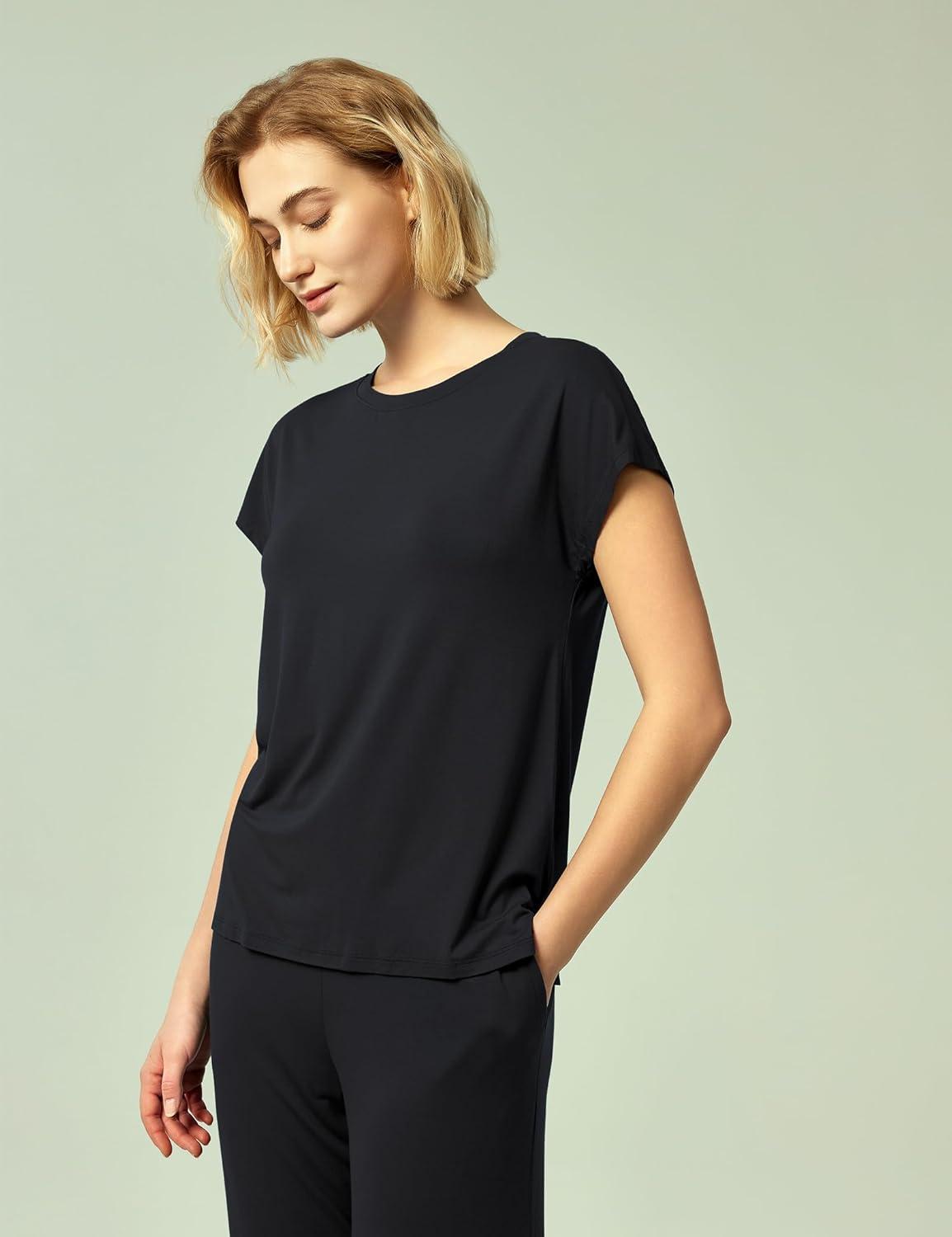 imageGYS Womens Bamboo Viscose Pajama Sets Cooling Short Sleeve Sleepwear for Hot Sleepers Super Soft Summer Matching PjsBlack