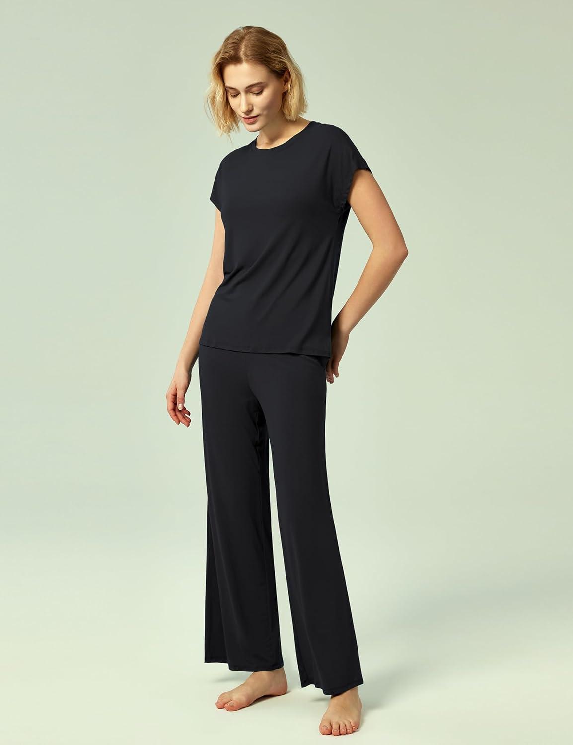 imageGYS Womens Bamboo Viscose Pajama Sets Cooling Short Sleeve Sleepwear for Hot Sleepers Super Soft Summer Matching PjsBlack
