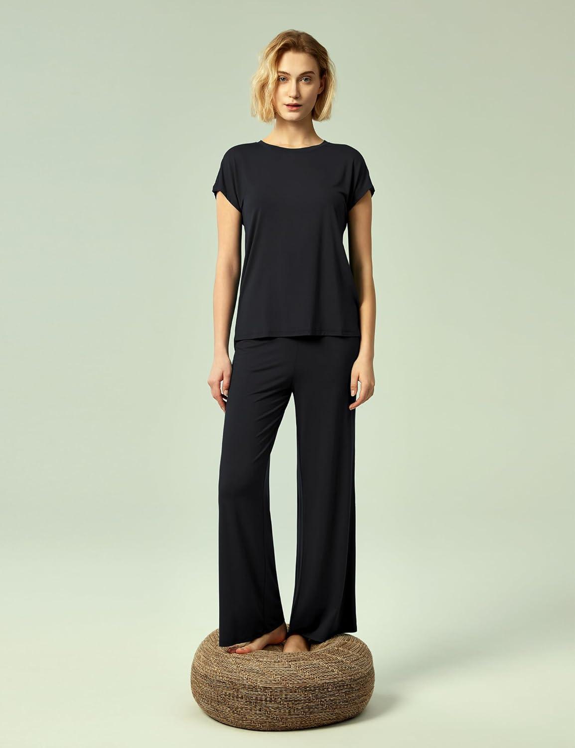 imageGYS Womens Bamboo Viscose Pajama Sets Cooling Short Sleeve Sleepwear for Hot Sleepers Super Soft Summer Matching PjsBlack