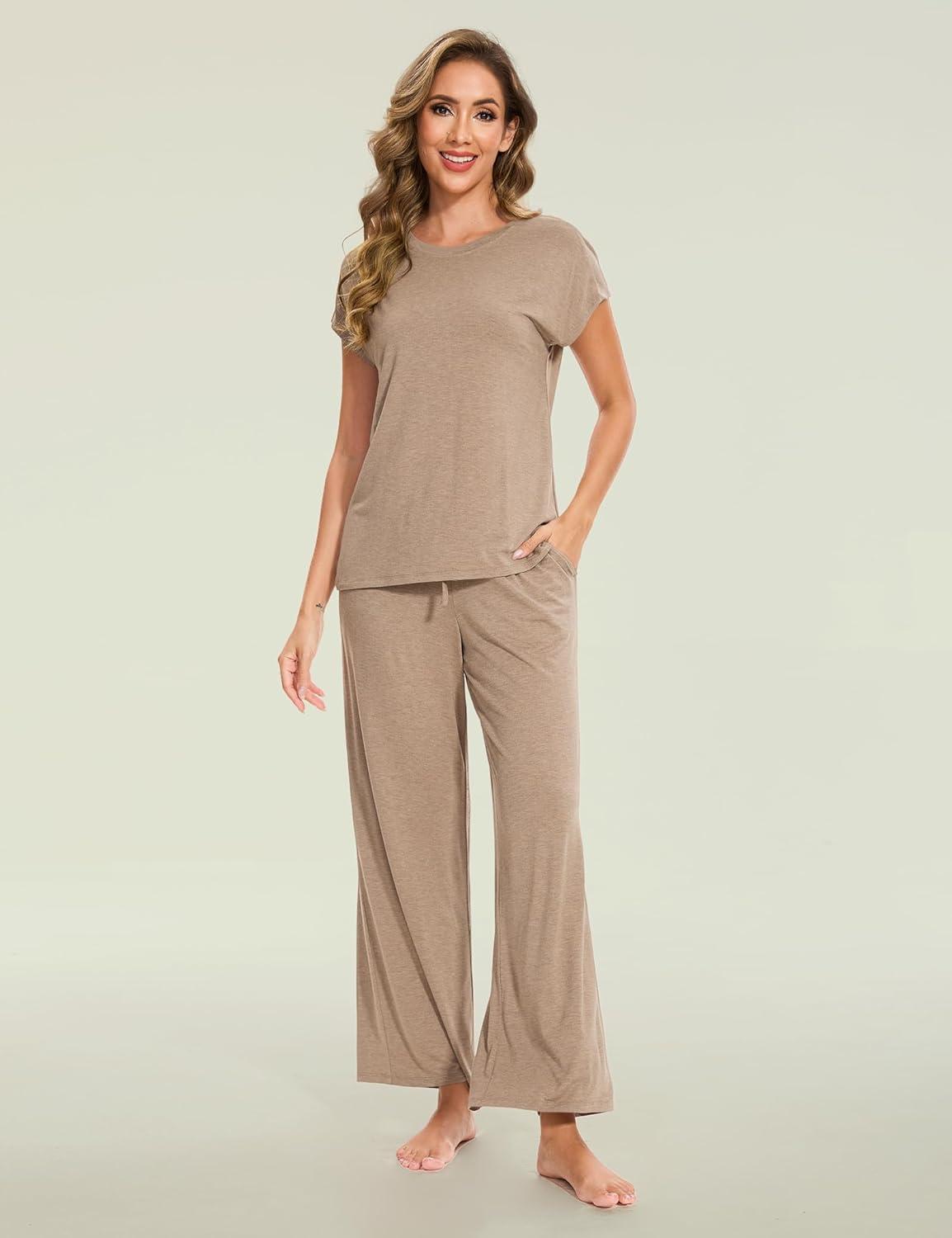 imageGYS Womens Bamboo Viscose Pajama Sets Cooling Short Sleeve Sleepwear for Hot Sleepers Super Soft Summer Matching PjsCamel