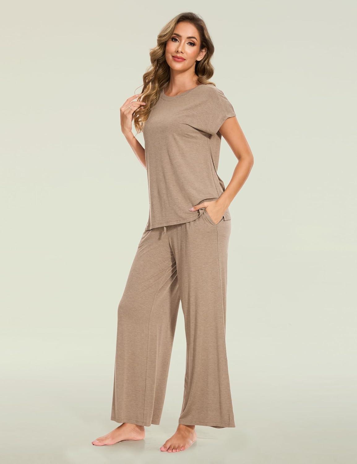 imageGYS Womens Bamboo Viscose Pajama Sets Cooling Short Sleeve Sleepwear for Hot Sleepers Super Soft Summer Matching PjsCamel
