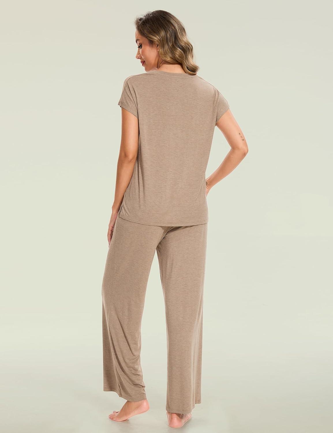 imageGYS Womens Bamboo Viscose Pajama Sets Cooling Short Sleeve Sleepwear for Hot Sleepers Super Soft Summer Matching PjsCamel