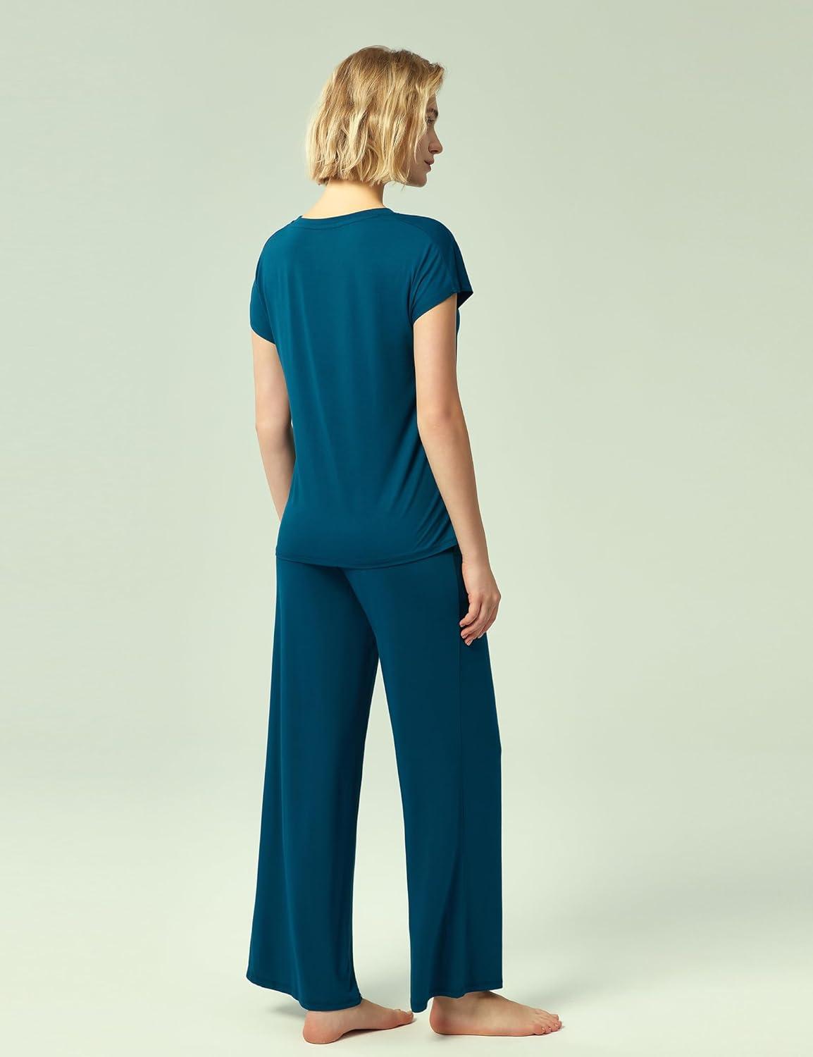 imageGYS Womens Bamboo Viscose Pajama Sets Cooling Short Sleeve Sleepwear for Hot Sleepers Super Soft Summer Matching PjsLyons Blue