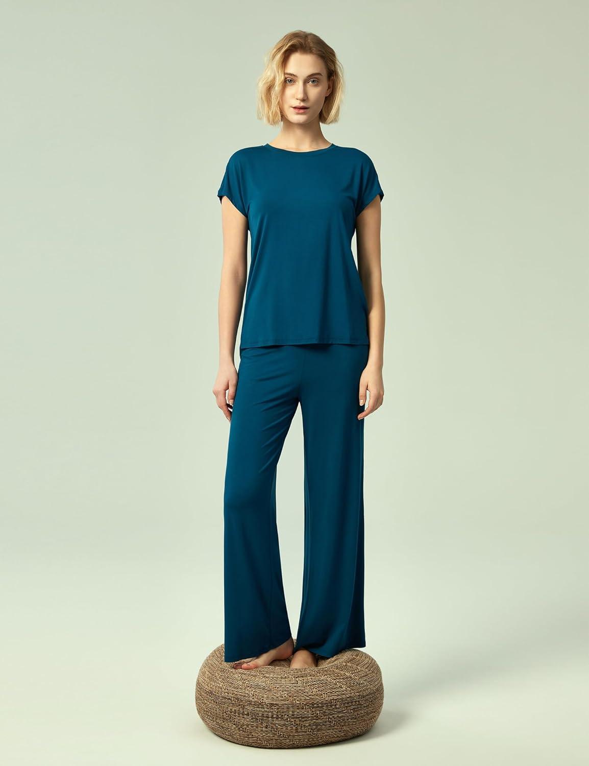 imageGYS Womens Bamboo Viscose Pajama Sets Cooling Short Sleeve Sleepwear for Hot Sleepers Super Soft Summer Matching PjsLyons Blue