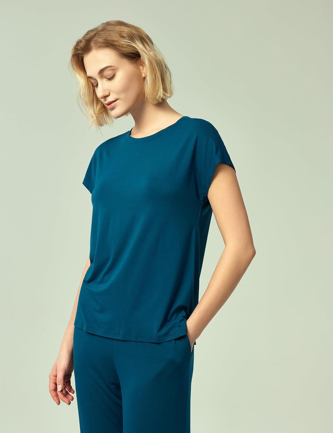 imageGYS Womens Bamboo Viscose Pajama Sets Cooling Short Sleeve Sleepwear for Hot Sleepers Super Soft Summer Matching PjsLyons Blue