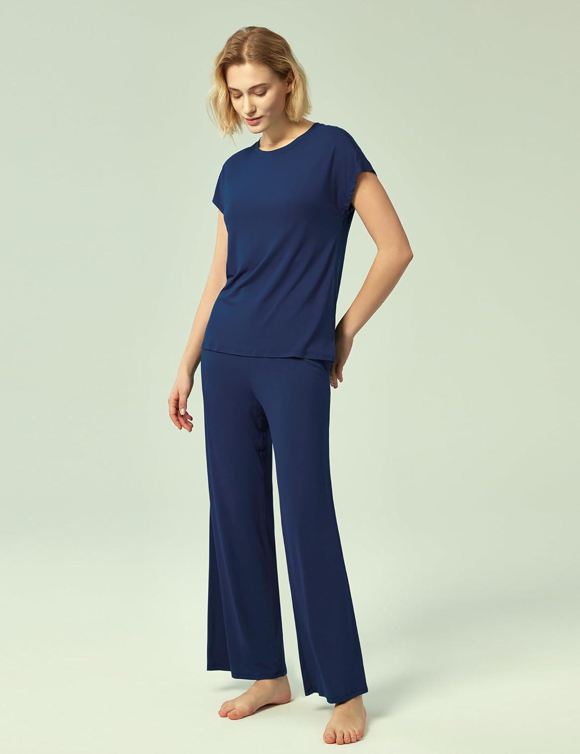 imageGYS Womens Bamboo Viscose Pajama Sets Cooling Short Sleeve Sleepwear for Hot Sleepers Super Soft Summer Matching PjsNavy
