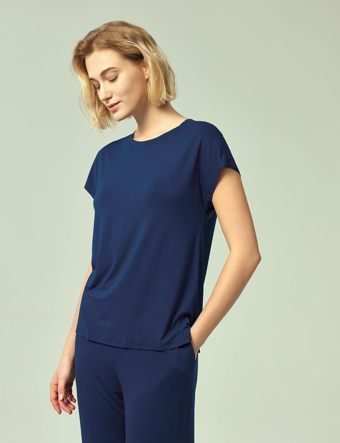 imageGYS Womens Bamboo Viscose Pajama Sets Cooling Short Sleeve Sleepwear for Hot Sleepers Super Soft Summer Matching PjsNavy