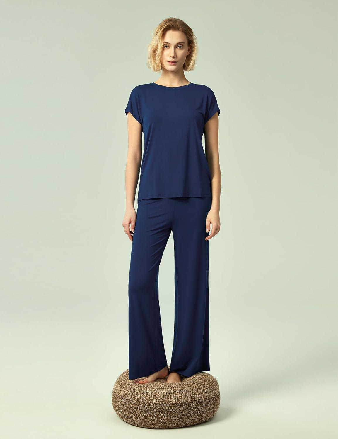 imageGYS Womens Bamboo Viscose Pajama Sets Cooling Short Sleeve Sleepwear for Hot Sleepers Super Soft Summer Matching PjsNavy