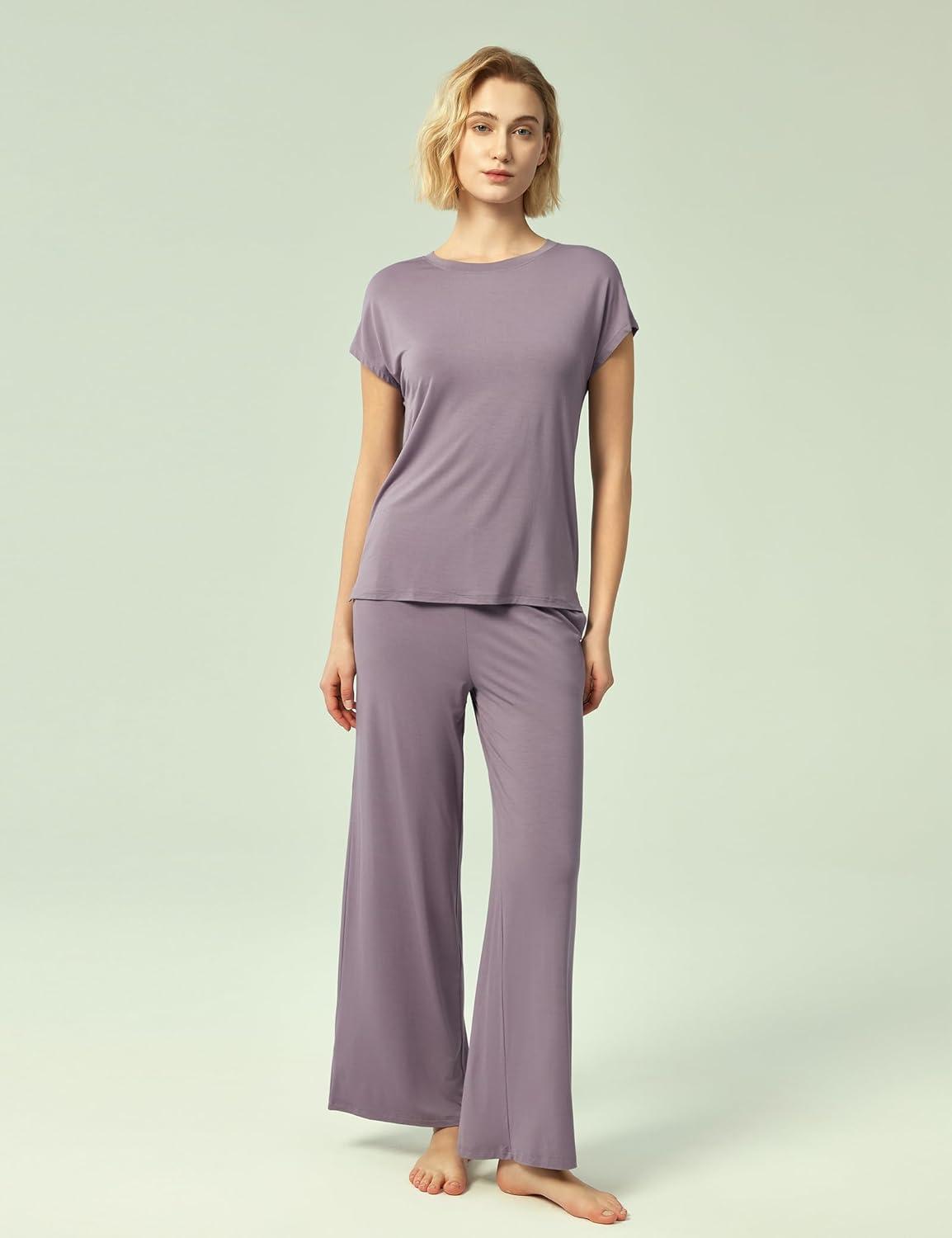 imageGYS Womens Bamboo Viscose Pajama Sets Cooling Short Sleeve Sleepwear for Hot Sleepers Super Soft Summer Matching PjsViolet