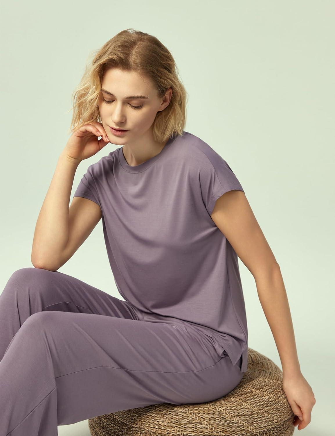 imageGYS Womens Bamboo Viscose Pajama Sets Cooling Short Sleeve Sleepwear for Hot Sleepers Super Soft Summer Matching PjsViolet