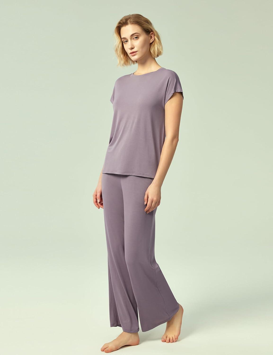 imageGYS Womens Bamboo Viscose Pajama Sets Cooling Short Sleeve Sleepwear for Hot Sleepers Super Soft Summer Matching PjsViolet