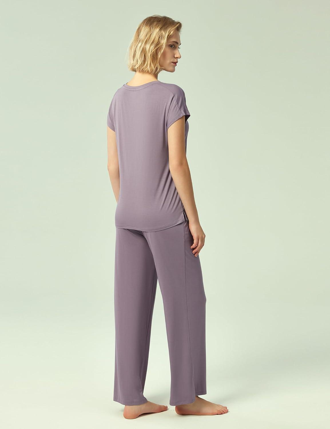 imageGYS Womens Bamboo Viscose Pajama Sets Cooling Short Sleeve Sleepwear for Hot Sleepers Super Soft Summer Matching PjsViolet
