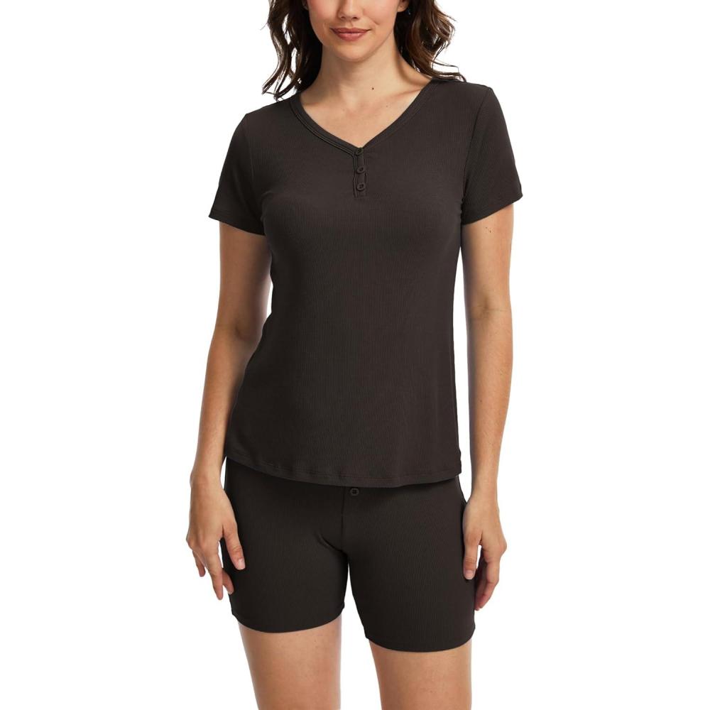 imageGYS Bamboo Viscose Pajama Sets for Women 2 Piece Matching Fitted Loungewear Butterysoft Comfywear Summer Pjs SetChocolate