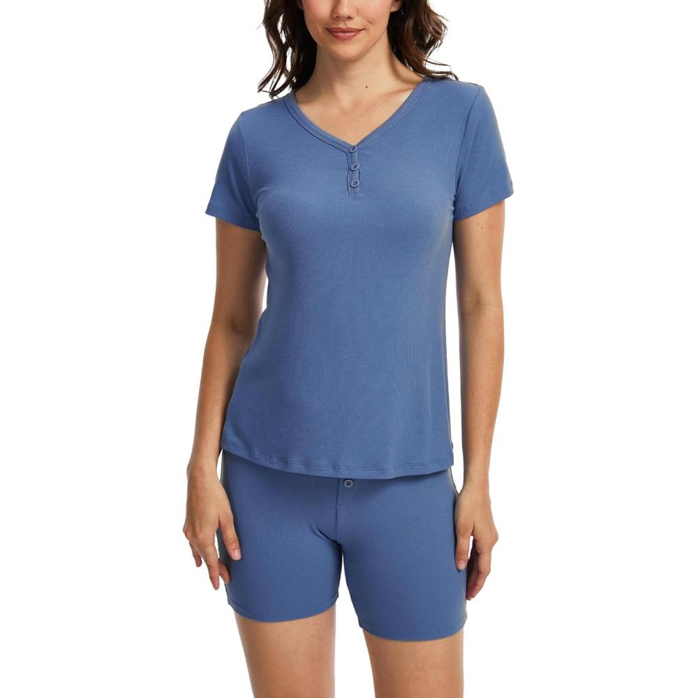 imageGYS Bamboo Viscose Pajama Sets for Women 2 Piece Matching Fitted Loungewear Butterysoft Comfywear Summer Pjs SetGrayish Blue