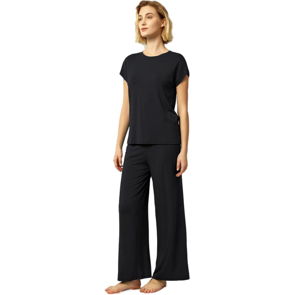imageGYS Womens Bamboo Viscose Pajama Sets  Cooling Short Sleeve Sleepwear for Hot Sleepers Super Soft Summer Matching PjsBlack