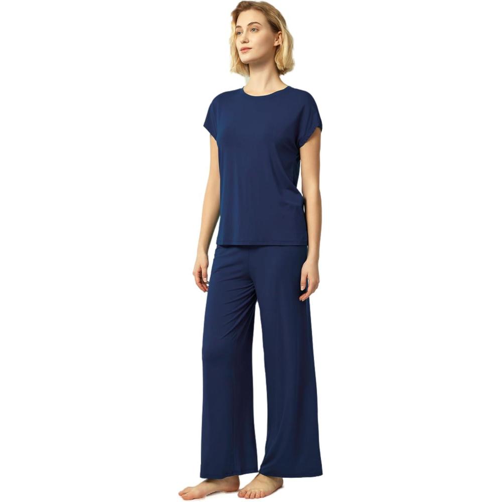 imageGYS Womens Bamboo Viscose Pajama Sets Cooling Short Sleeve Sleepwear for Hot Sleepers Super Soft Summer Matching PjsNavy