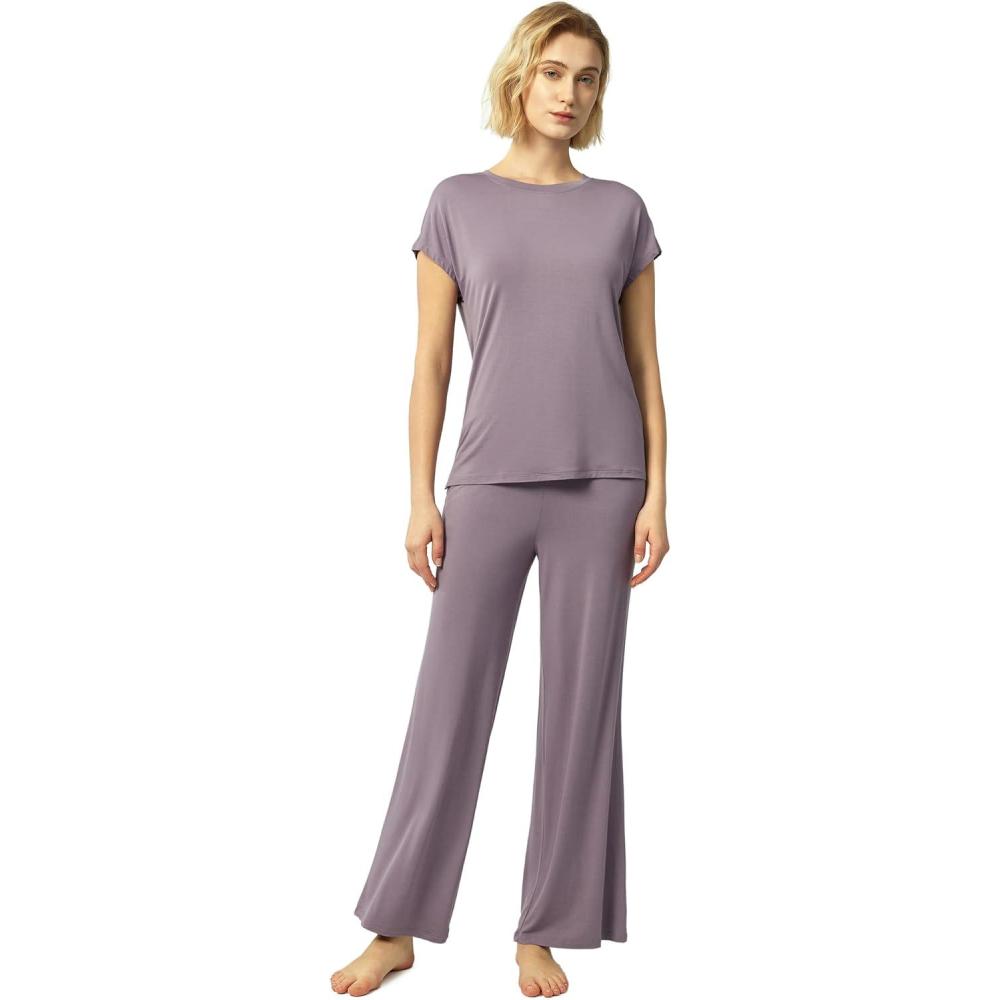 imageGYS Womens Bamboo Viscose Pajama Sets Cooling Short Sleeve Sleepwear for Hot Sleepers Super Soft Summer Matching PjsViolet