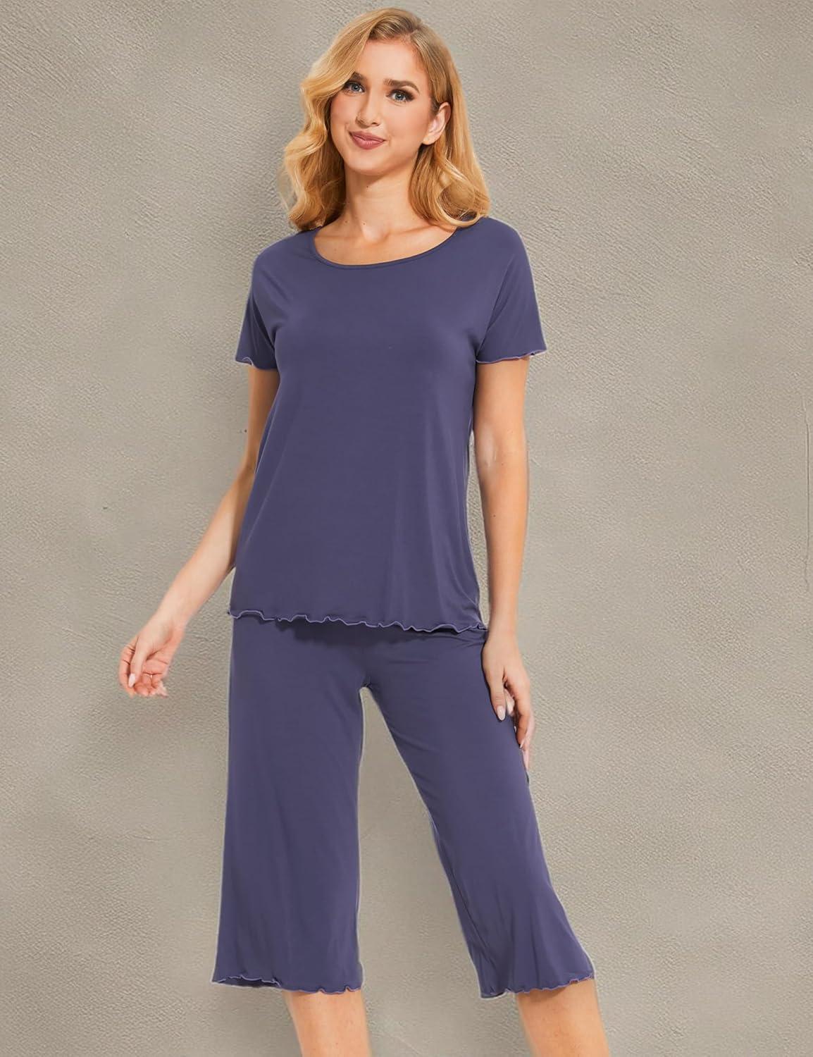 imageLazyCozy Bamboo Viscose Capri Pajamas for Women Cooling Summer Pajama Sets for Hot Sleeper Super Soft Pj SetAir Purple