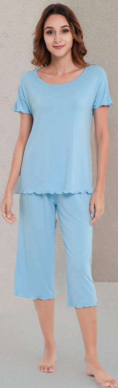 imageLazyCozy Bamboo Viscose Capri Pajamas for Women Cooling Summer Pajama Sets for Hot Sleeper Super Soft Pj SetAzure