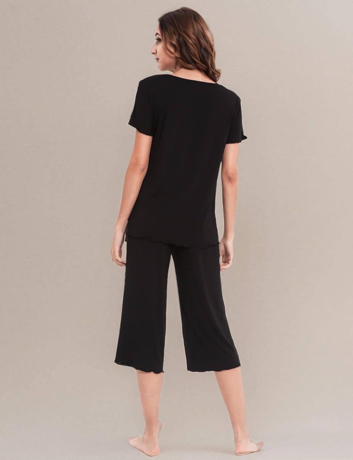 imageLazyCozy Bamboo Viscose Capri Pajamas for Women Cooling Summer Pajama Sets for Hot Sleeper Super Soft Pj SetBlack