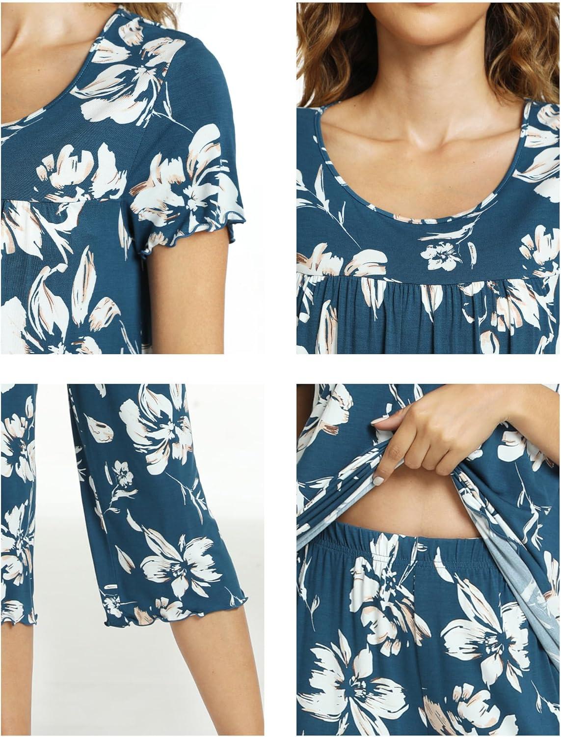 imageLazyCozy Bamboo Viscose Capri Pajamas for Women Cooling Summer Pajama Sets for Hot Sleeper Super Soft Pj SetC Ink Blue Flowers
