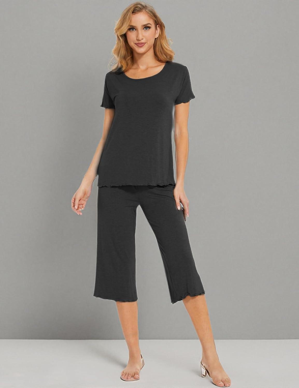 imageLazyCozy Bamboo Viscose Capri Pajamas for Women Cooling Summer Pajama Sets for Hot Sleeper Super Soft Pj SetDark Heather Grey