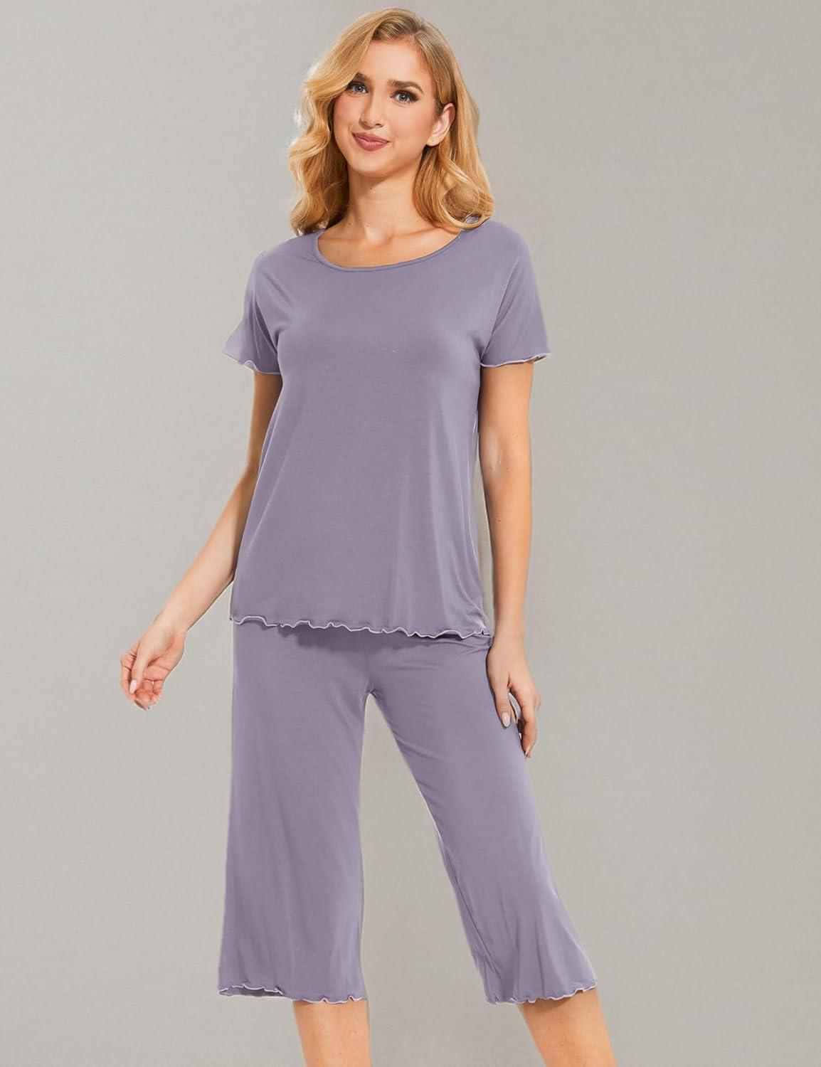 imageLazyCozy Bamboo Viscose Capri Pajamas for Women Cooling Summer Pajama Sets for Hot Sleeper Super Soft Pj SetViolet