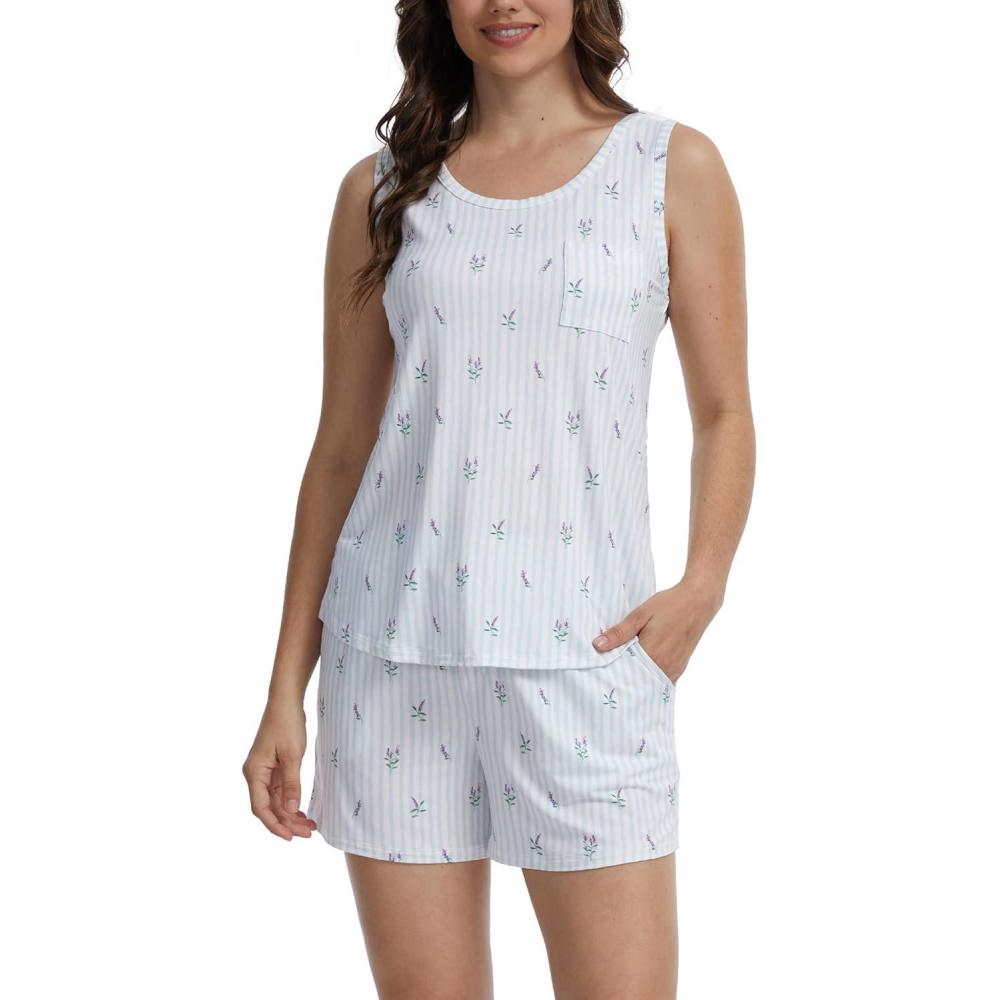 imageGYS Womens Bamboo Viscose Pajamas Set  Sleeveless Tank Top and Sleep Shorts Summer Pjs Lightweight Cooling SleepwearBlue Stripes