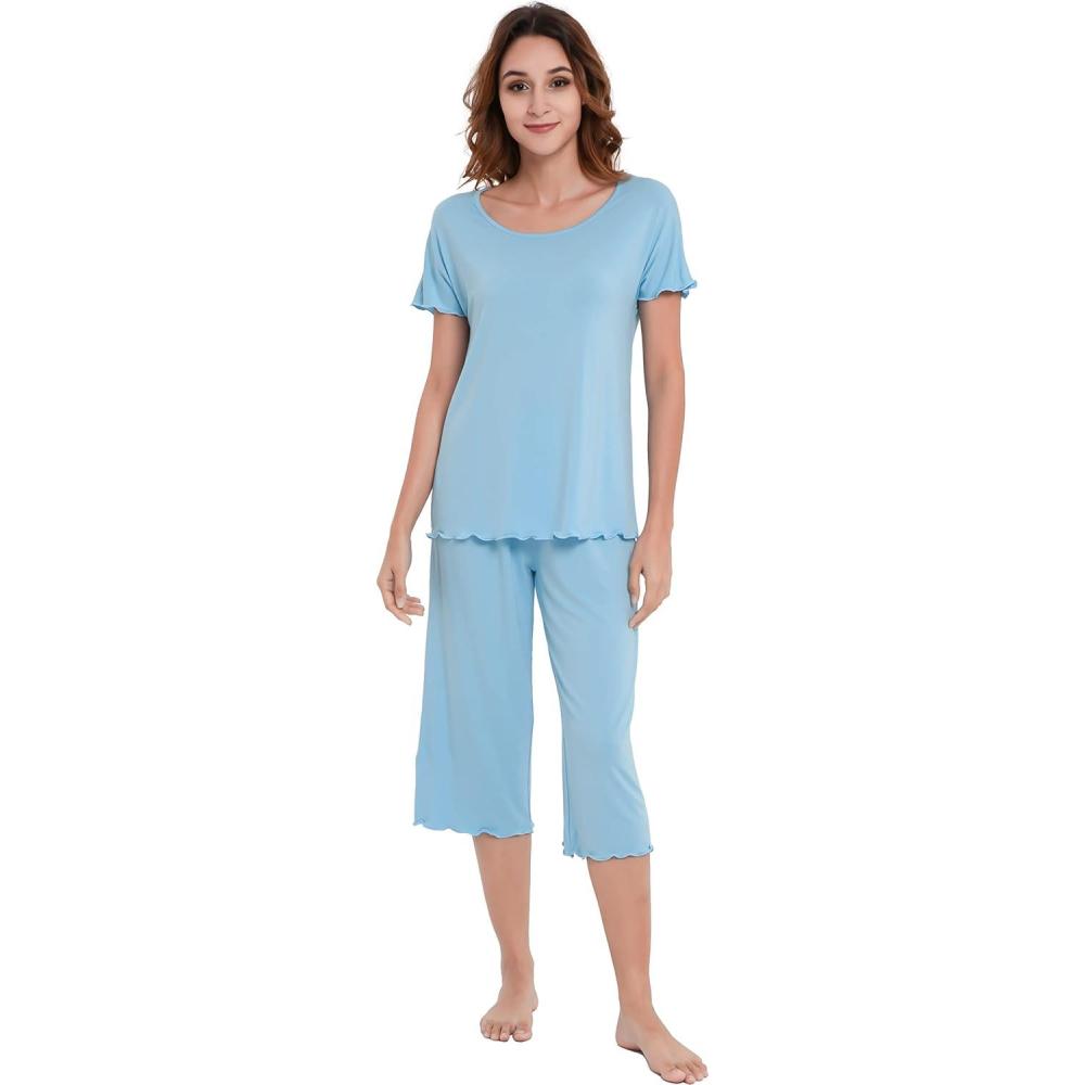 imageLazyCozy Bamboo Viscose Capri Pajamas for Women Cooling Summer Pajama Sets for Hot Sleeper Super Soft Pj SetAzure