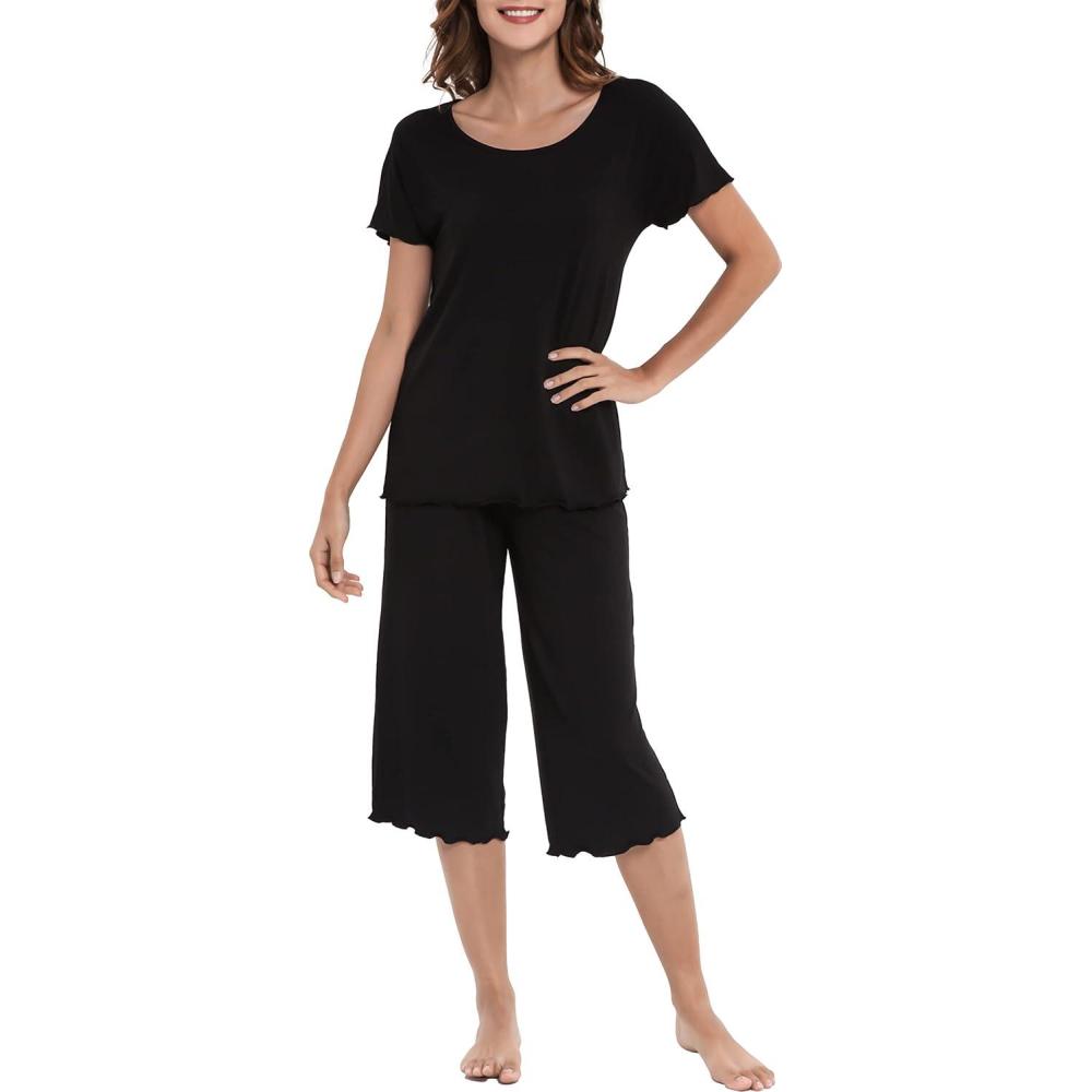 imageLazyCozy Bamboo Viscose Capri Pajamas for Women Cooling Summer Pajama Sets for Hot Sleeper Super Soft Pj SetBlack