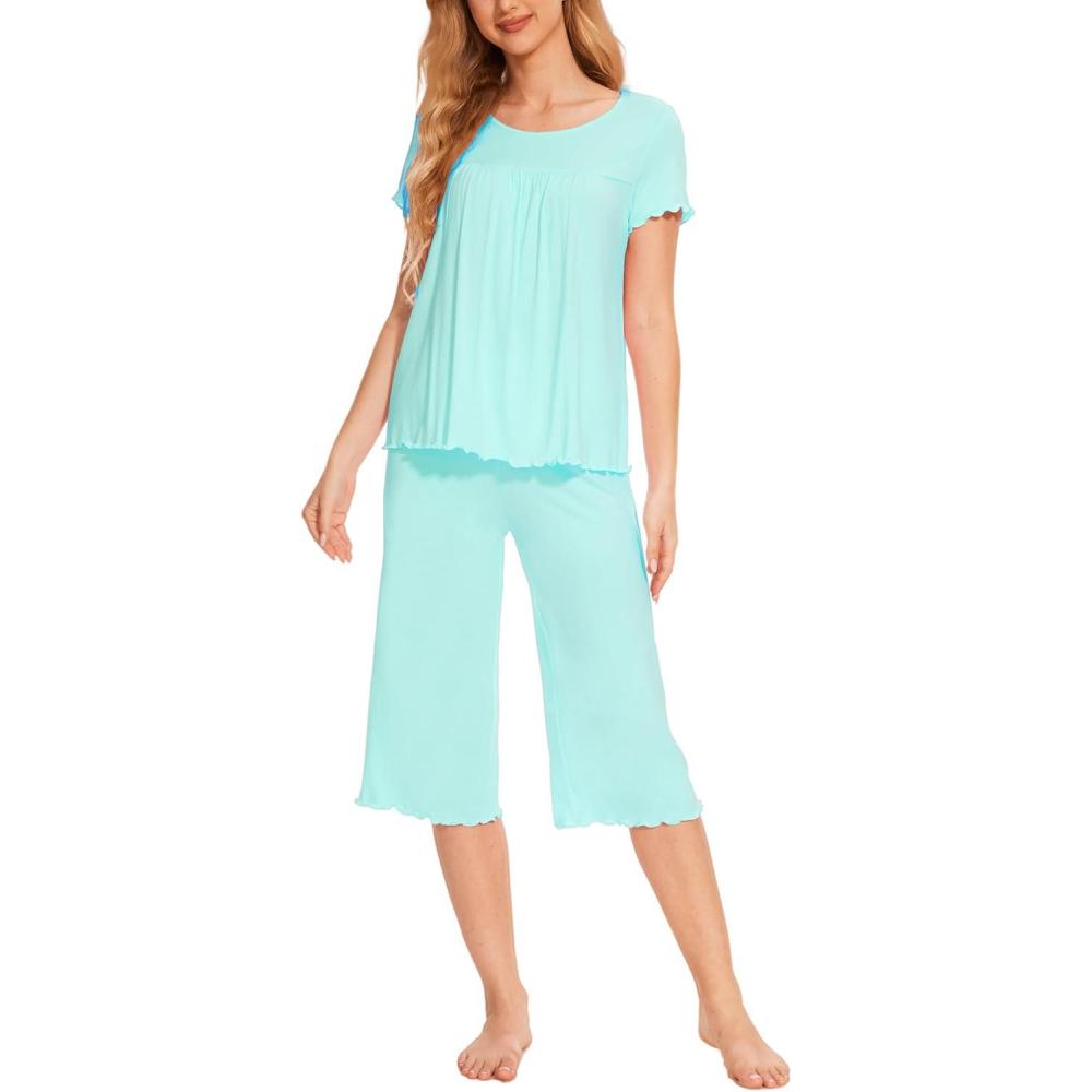 imageLazyCozy Bamboo Viscose Capri Pajamas for Women Cooling Summer Pajama Sets for Hot Sleeper Super Soft Pj SetC Aqua