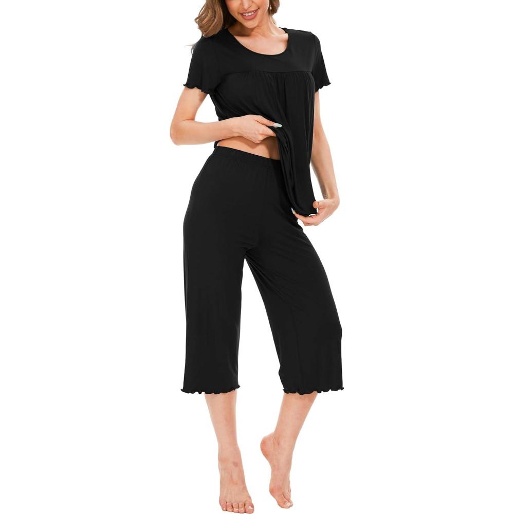 imageLazyCozy Bamboo Viscose Capri Pajamas for Women Cooling Summer Pajama Sets for Hot Sleeper Super Soft Pj SetC Black